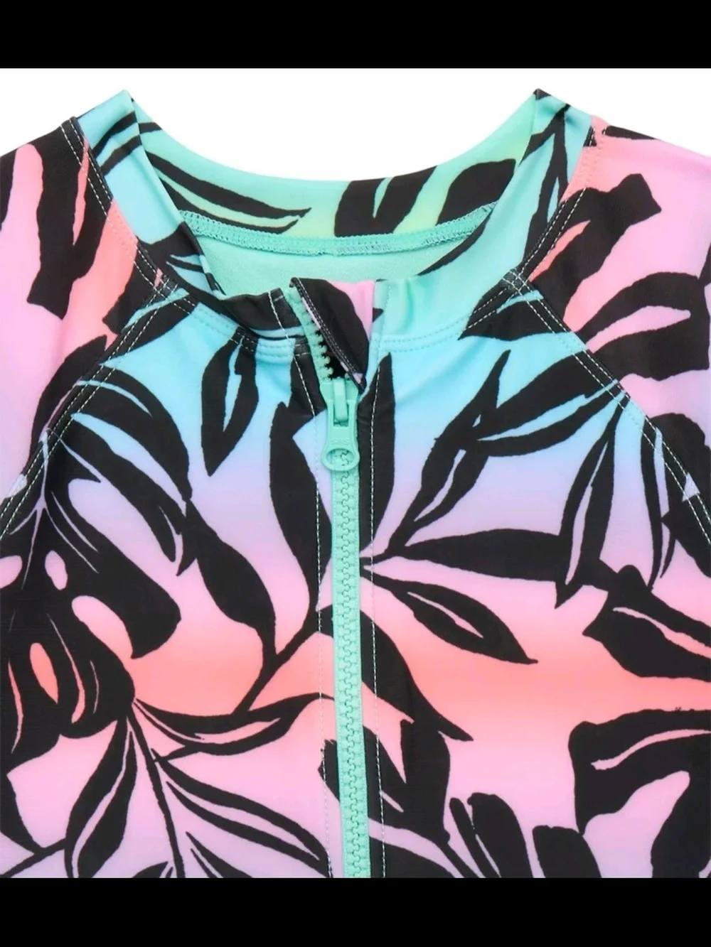 Kids Short-Sleeve Rainbow Leaf Zip-Front Swimsuit Girls Size S (6-6X)